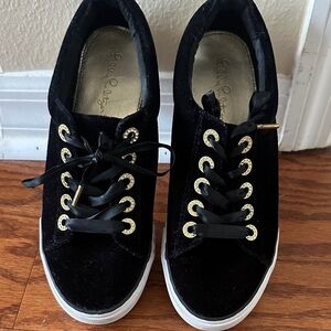 Lilly Pulitzer Black Velvet Lisa Sneakers with Gold Details